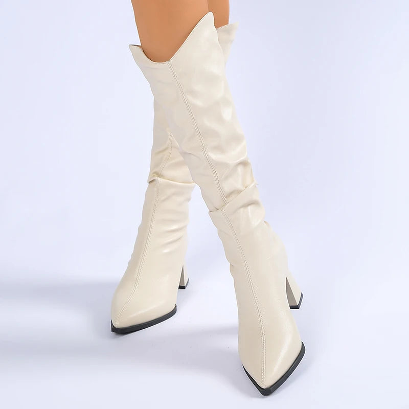 Pleated High Heeled Knee High Boots for Women Pointed Toe Chunky Heel Boots Woman Autumn Winter PU Leather Long Botas Mujer 2025