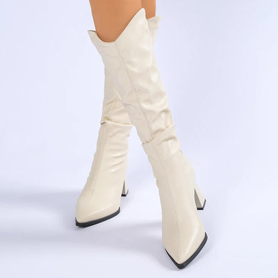 Pleated High Heeled Knee High Boots for Women Pointed Toe Chunky Heel Boots Woman Autumn Winter PU Leather Long Botas Mujer 2025