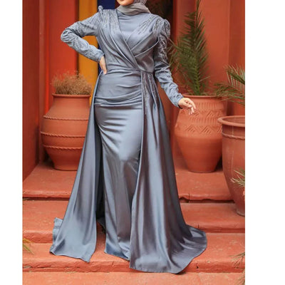 Luxury Dubai Women Evening Dresses Long Sleeve High Neck Appliques Sequine Chapel Train Pleat Gowns Formal Occasion Vestidos
