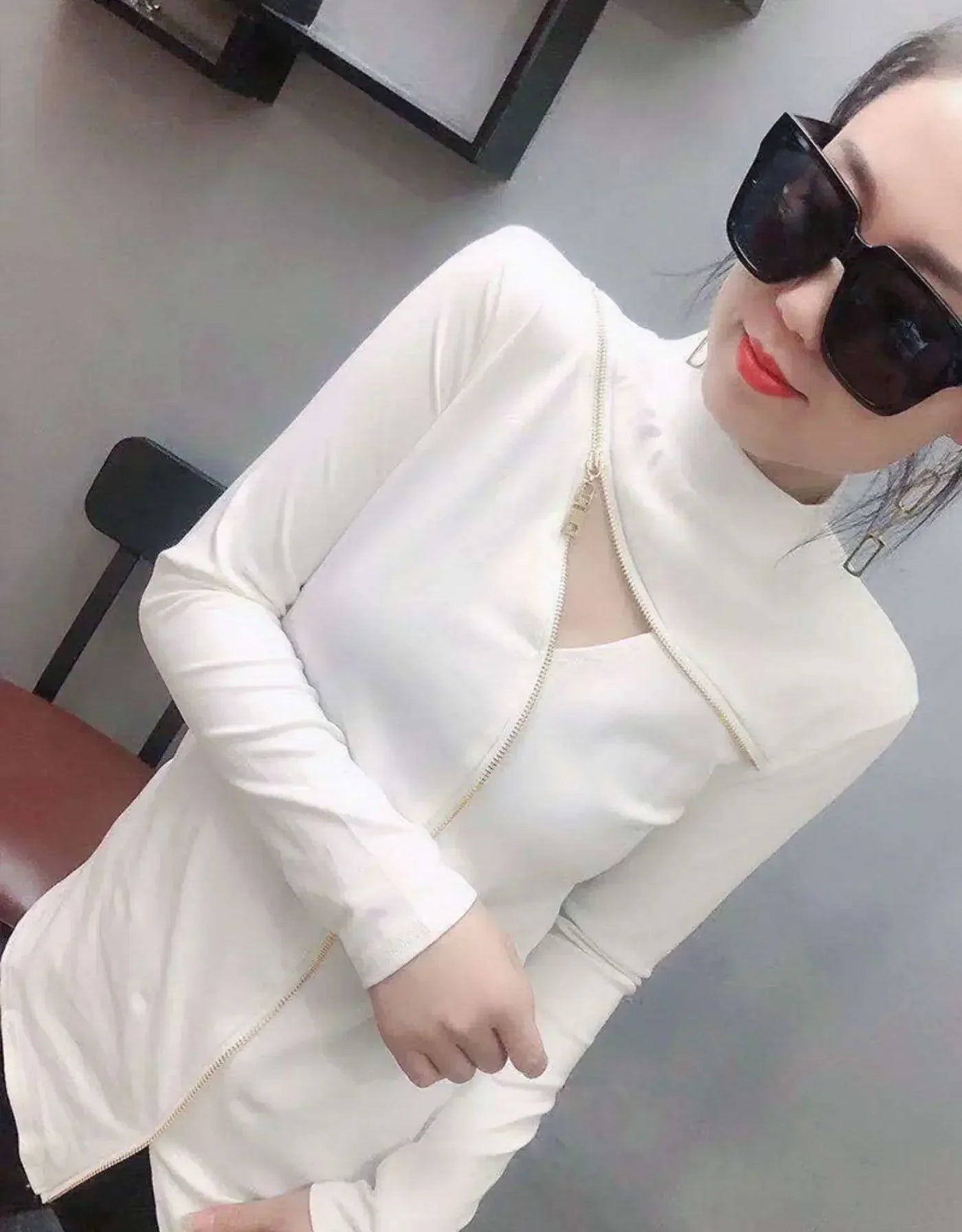 Zipper Deco Women T-shirts Femme Strechy Cotton T-shirts Lady Zipper Pullovers Tp[s