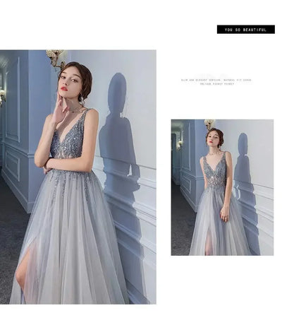 Women's Evening Dresses Sexy V-neck Luxury Formal Party Gown Backless Beads Sequins Tulle Side Split Banquet Evening Dress