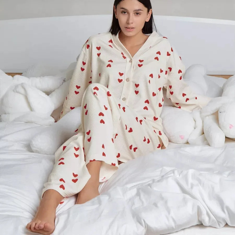 Love Pattern Waffle Pajamas Women Loungewear Set Cardigan Homewear Lady Long Sleeve Top Pant Nightwear 2025 Autumn Spring New