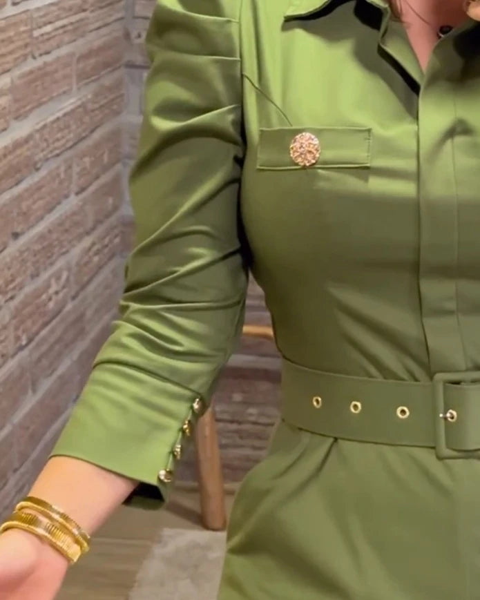 Women's Elegant Dresses Temperament Turn-Down Collar Long Sleeve Button Decor Front Slit Slim Mid-Calf Dress Work Skinny Dress