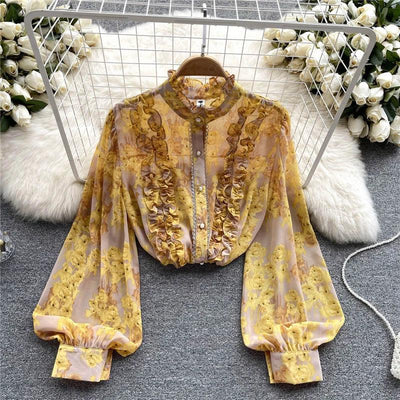Women Ruffles Lace Floral Print Retro Elegant Button Shirts Summer Fashion Sweet Chic Stand Collar Long Sleeve Blouse Loose Tops