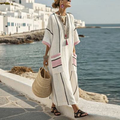 Summer For Women Elegant Bohemian Dress Fashion V -Neck Short Sleeves Long Dresses New Casual Vacation Pockets Loose Party Dress
