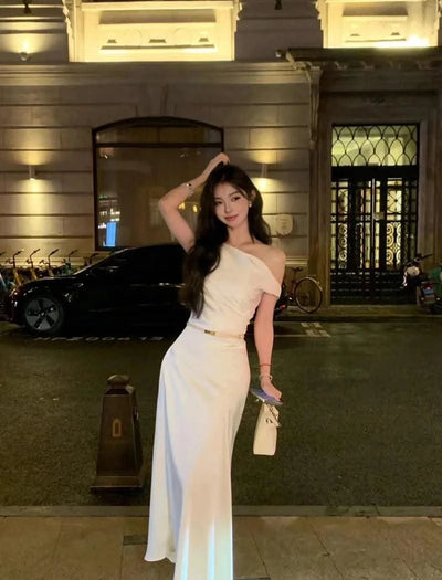 Satin Sexy Off Shoulder Dress Women Pink Skinny Elegant Soft Dress Classic Fashion Party Evening Gown Sleeveless Lady Vestidos