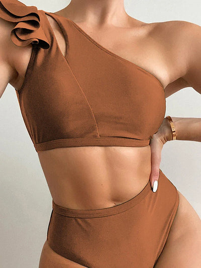 One Shoulder Bikinis 2025 Women Ruffle Swimsuit Solid High Waist Swimwear Female Padded Bathers Bathing Swimming Suit Beachwear