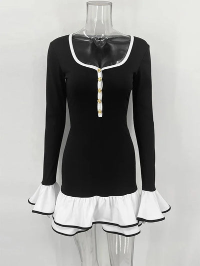 Ruffle Mini Dress for Women V Neck Bodycon Long Sleeve Short Dresses Femme Backless Bow Bandage Elegant Patchwork Dress