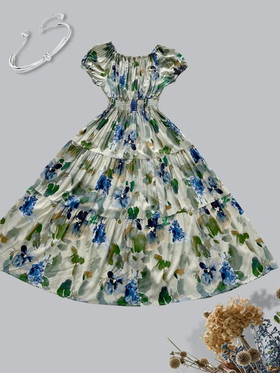 Women's Floral Summer Fashion Women's Print One-line Shoulder Dress Summer Beach Vacation Dress Causul Dress for Women