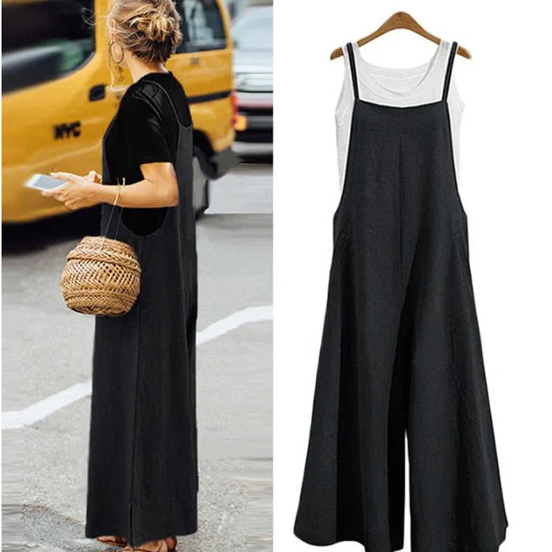 Women Straps Jumpsuit Summer Solid Color Wide Leg Pants Dungaree Bib Overalls Casual Loose Sleeveless Cotton Linen Jumpsuits 5Xl
