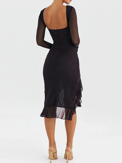 Women Midi Dress Long Sleeve Irregular Mesh Ruffles Mermaid Dress Sexy Backless Party Cocktail Dress