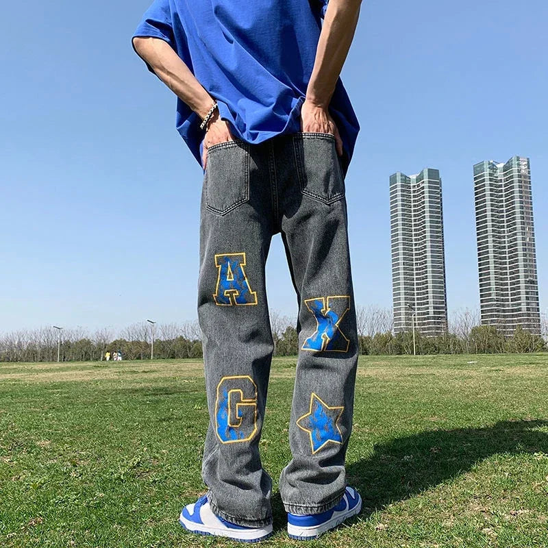 Men's Jeans Hip Hop Man Cowboy Pants Star Straight Graphic Trousers Korean Style 2024 Autumn Fashion Stylish Japanese Street Xs