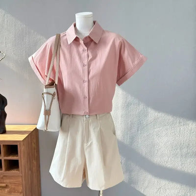 Women Clothing Summer Fashion Casual Button Solid Color Polo Collar Female Simplicity Temperament Appear Thin Short Sleeve Tops