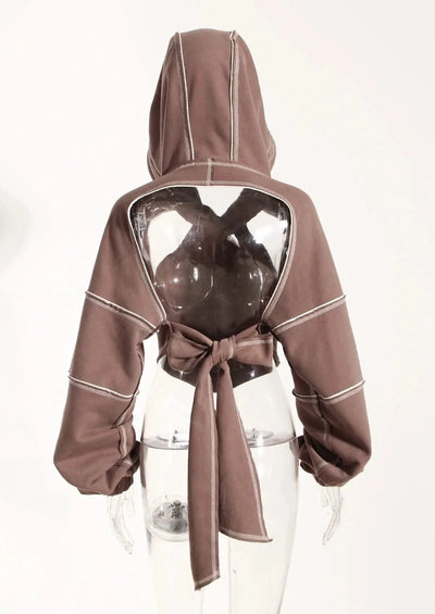 Women Hooded Sweatshirt Color Clashing Bright Line Short Top Ladies Fashion Layering Hoodie Long Sleeved tops New
