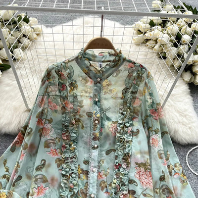 Women Ruffles Lace Floral Print Retro Elegant Button Shirts Summer Fashion Sweet Chic Stand Collar Long Sleeve Blouse Loose Tops