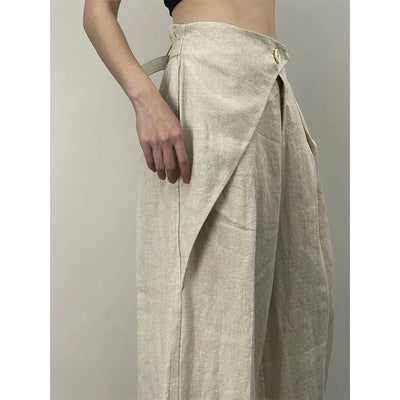 Streetwear Wide Leg Pants Women Fashion Pleated Linen Baggy Pants Summer Korean High Waist Casual Design Straight Trousers New