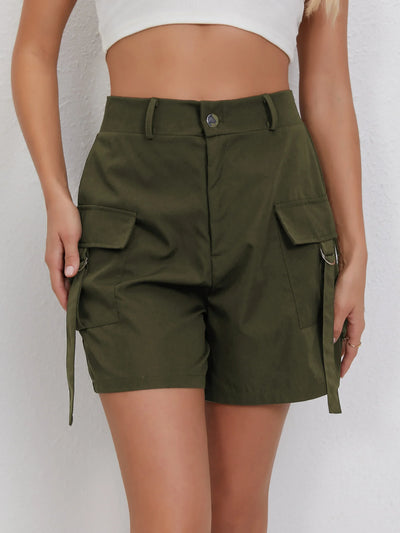Women's High-Waist Slimming Cargo Shorts with Dual Side Pockets and Flowing Straps