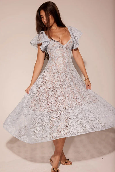 Elegant Flare Short Sleeve Flower Embroidery Long Prom Dresses Women Summer Holiday Low Cut Pleated Midi Evening Dress