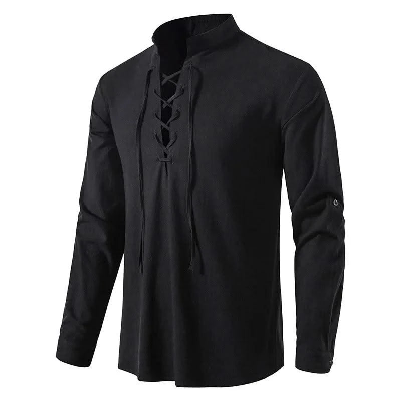Happyjeffery Mens Cotton Linen Shirt Henry Collar with Drawstring Men Man Long Sleeve Beach Shirts Man Designer Cloth LS51