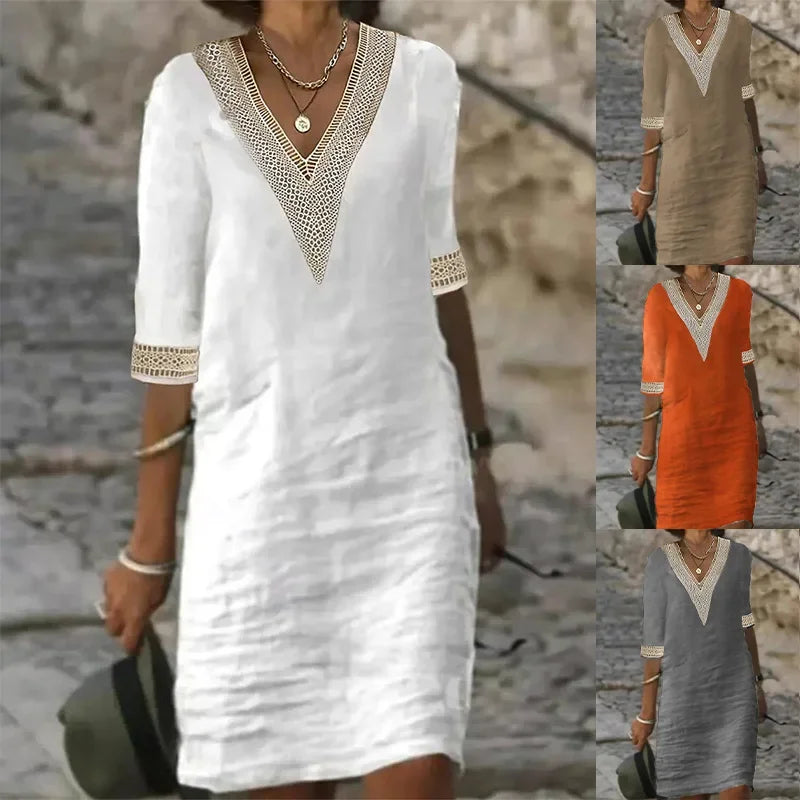 Women's Casual Midi Dresses 2025 Spring/summer Lace Cotton Linen White Dress Robes Vestido Branco Vestidos Vestidos De Mujer