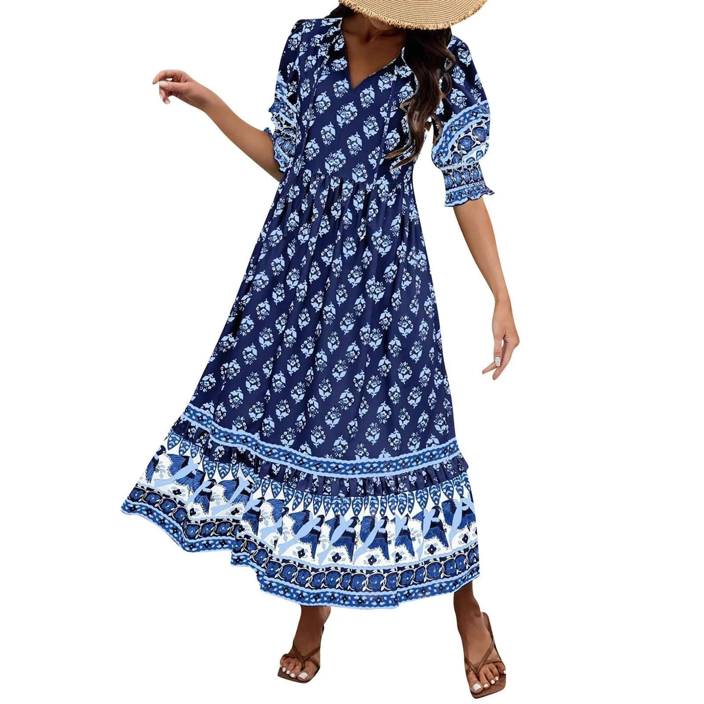 dresses for women Fashion summer Casual long dresses Bohemian V-Neck Printed High Waisted Big Swing Dress vestidos cortos