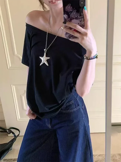 T-shirts Women Niche Design Off Shoulder Solid Short Sleeve Summer Chic Loose Casual Daily Simple Sexy Korean Trendy Street Tops
