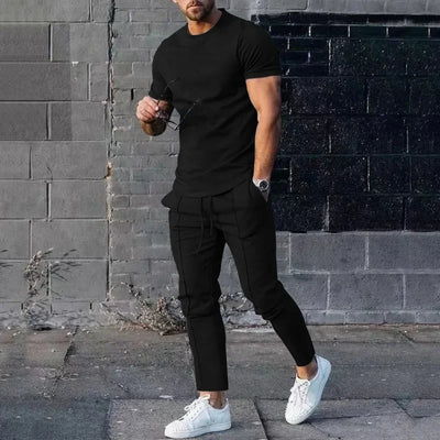Mens Suit Summer Two-piece Suit Short-sleeved T-shirt Casual Fashion Trousers Sets for Men