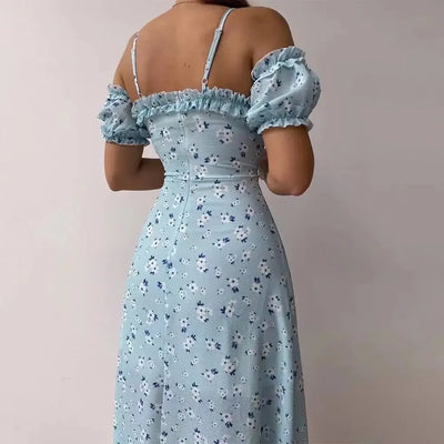 Ruffle Floral Party Sexy Dress Women Summer Elegant Sling Off Shoulder Dresses Female V Neck  Slim Maxi Printed Dress Robe 21764