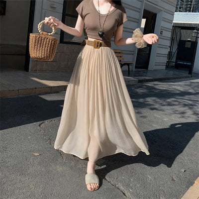 2025 New High Waisted Cotton Linen Pleated Midi Skirt – Summer Flowy A-Line Maxi Skirt for Women, Breathable & Elegant