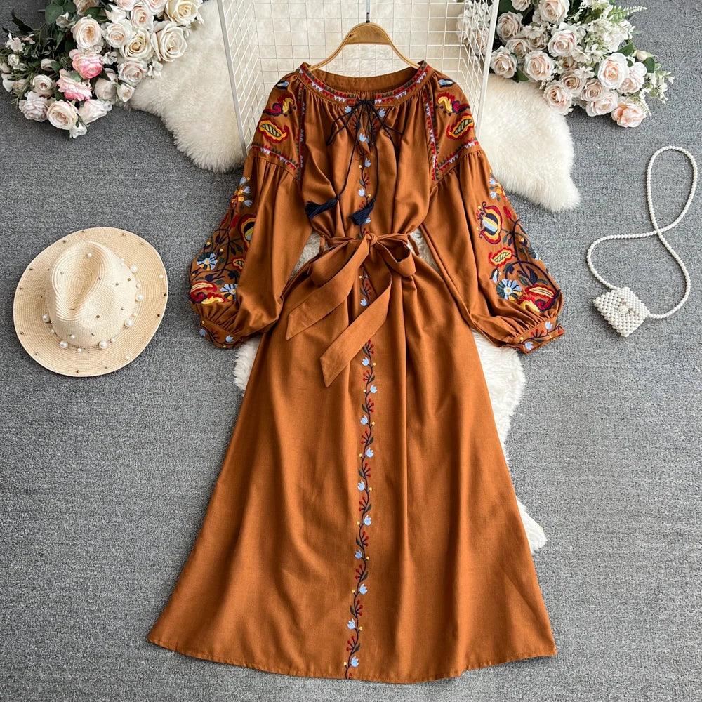 Boho Vintage Spring Autumn Women's Dress Ethnic Style Sundress Long Sleeve Embroidered Cotton Linen Black Beach Dresses платье