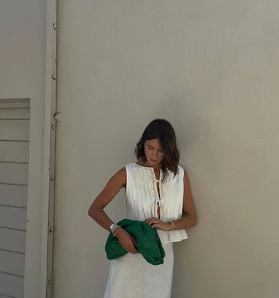 Fashion Bow Lace Up Shirts Women Cotton Linen Hollow Out Sleeveless Pleated Blouses Woman 2025 Summer New Casual Lady White Tops