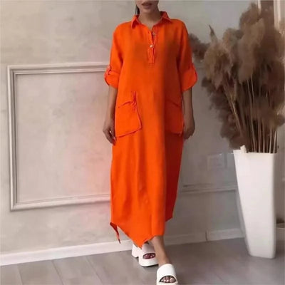 Summer Dress For Women, Retro Casual Loose Large Lapel Mid-sleeve Dress, New Mid-length Dress For Women, Autumn Wear