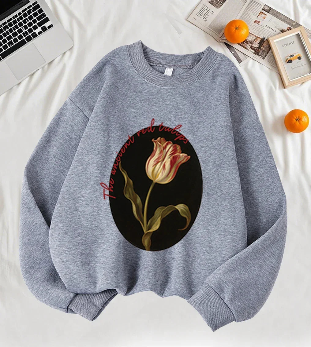 The Ancient Red Twlipws Design Women Sweatshirt Soft Warm Tops Fleece All-Match Pullover Crewneck Casual Sportswear For Woman