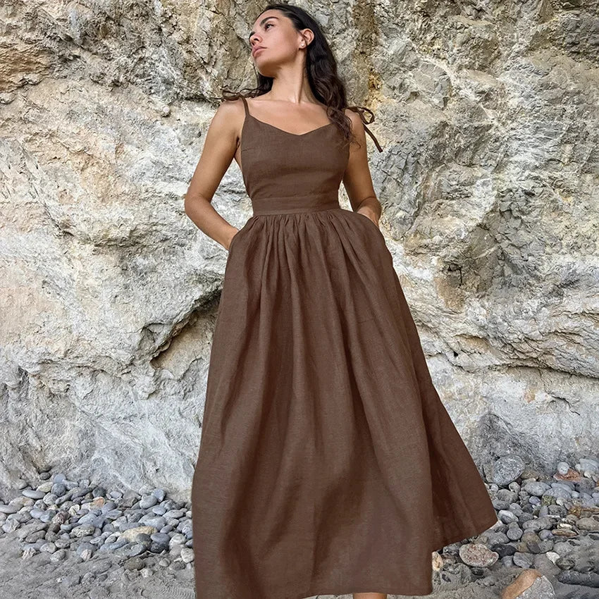 Cotton Linen Solid Color Spaghetti Strap Dresses Women Fashion Leace-up V-neck Backless Beach Vacation Long Dress Female New