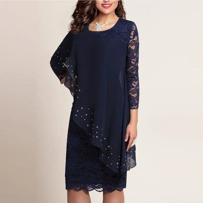 Elegant lace hook flower patchwork chiffon sheath dress 5xl Women green 3/4 sleeve round neck knee-length star print cape dress