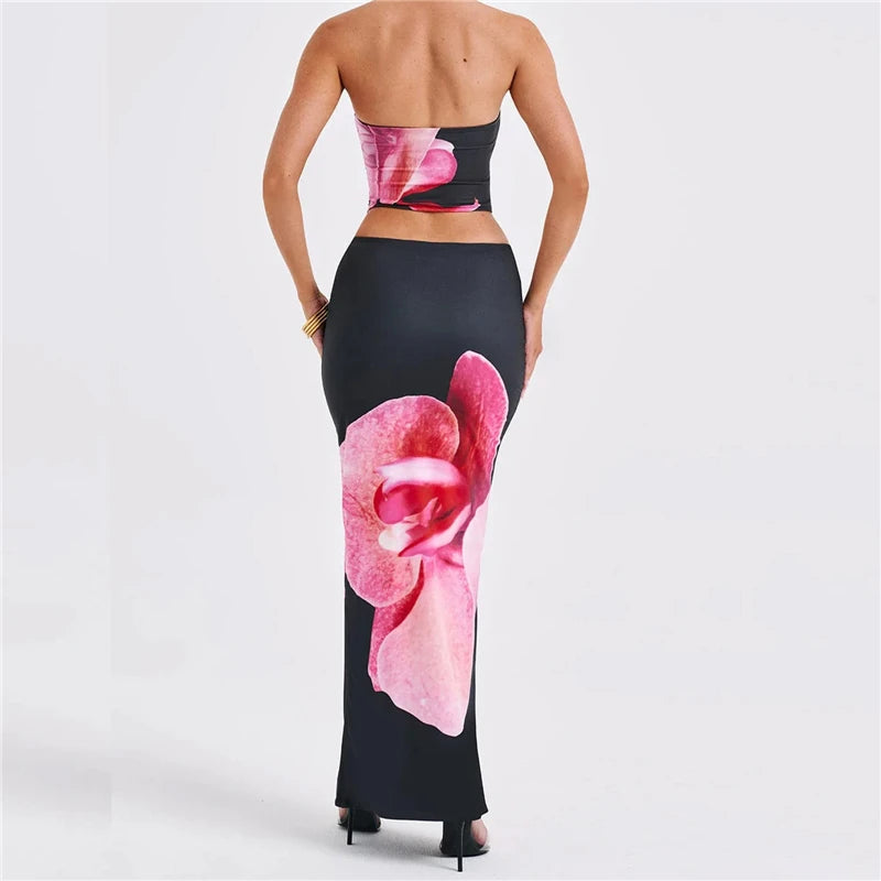 Women Summer 2 Piece Outfits Floral Print Tube Tops and Elastic Bodycon Long Skirt Set for Streetwear Aesthetic Clothes