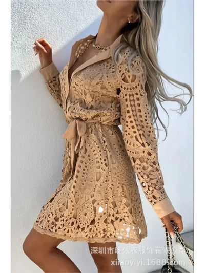 Elegant Shirt Dress Women Sexy Hollow Out Lace Dresses Spring Autumn Button Lace-up Office Lady Mini Dress Female