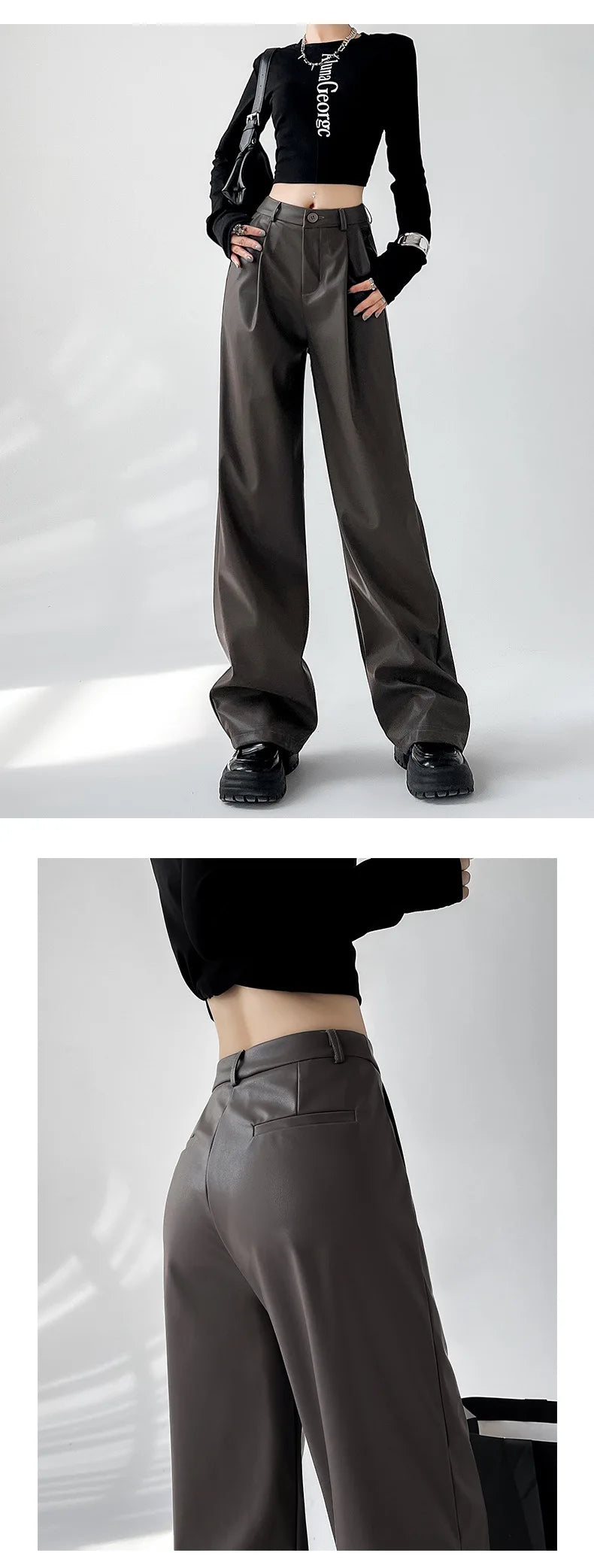 Women's Wide Leg Pants PU Straight Pants Autumn New Fashion Pantalones Mujer Solid Black Brown Leather Pants Women Streetwear