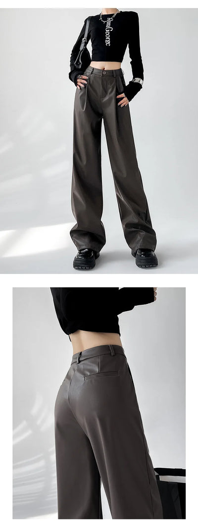 Women's Wide Leg Pants PU Straight Pants Autumn New Fashion Pantalones Mujer Solid Black Brown Leather Pants Women Streetwear