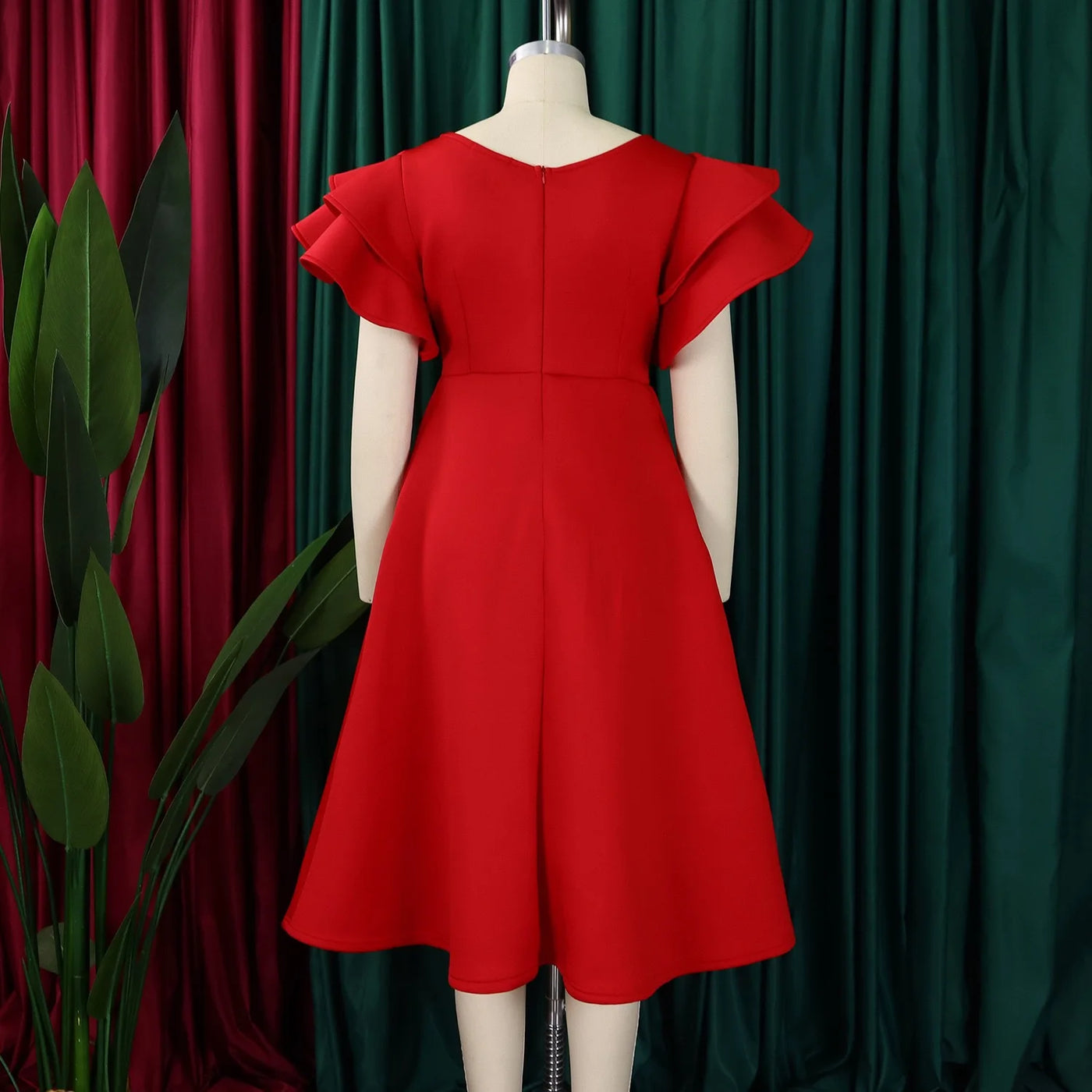 Elegant Party Dresses for Women V Neck Ruffles Sleeve High Waisted A Line Mid Calf Luxury Birthday Dinner Vestidos Mujer Dress