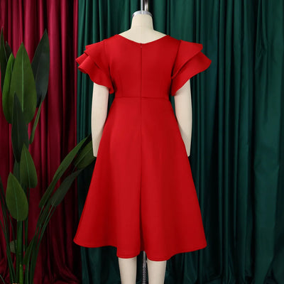 Elegant Party Dresses for Women V Neck Ruffles Sleeve High Waisted A Line Mid Calf Luxury Birthday Dinner Vestidos Mujer Dress