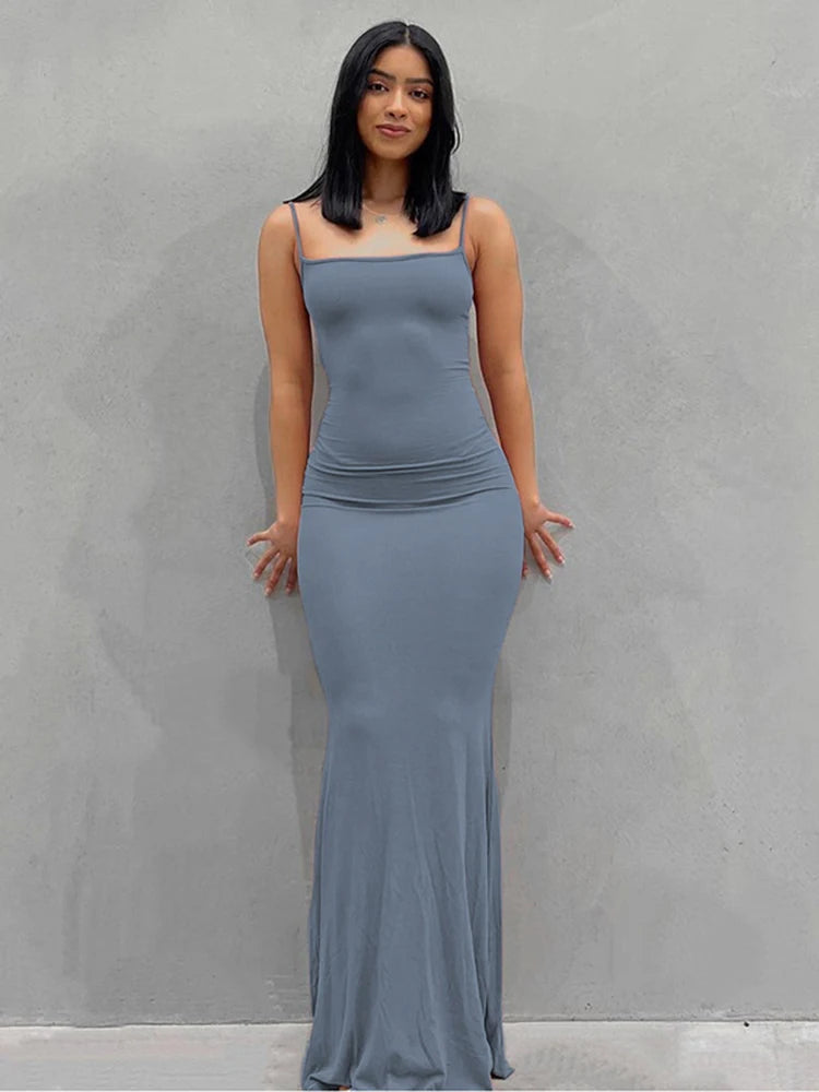Women Backless Sexy Maxi Dress 2025 Spring Satin Slip Sleeveless Slim Party Concise Платье Female Bodycon Dress Elegant Clothing