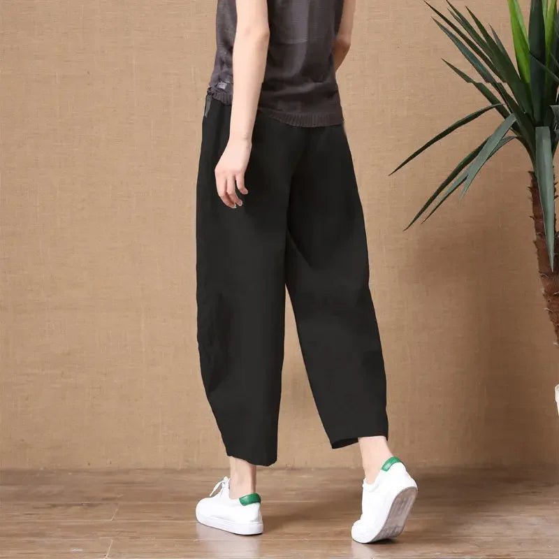 Oversize Pants Summer Thin Nine Points Loose Korean Fashion Women's Clothing Cotton Linen Middle Waist All-match Women's Pants