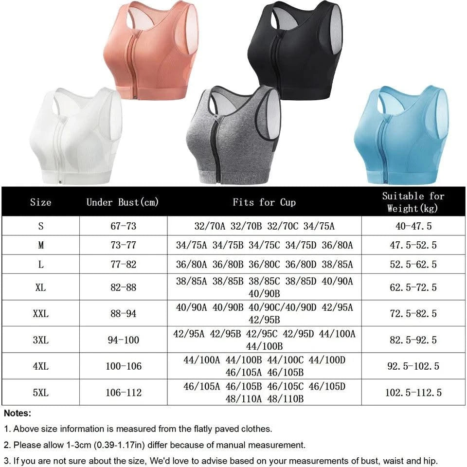 Plus Size Sports Bra for Women High-Strength Shock-Absorbing Gathering Top Running Zipper No Steel Bracket Underwear Yoga Vest