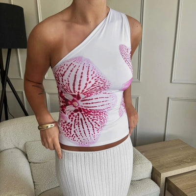 Women's One Shoulder Tops Slim Flower Print Slash Neck Backless