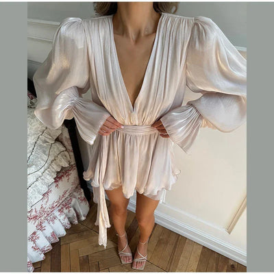 Ruffles Mini Dress Women Lace Up  V Neck Long Sleeve Pleated Female Dresses 2025 Elegant Summer Autumn Street Loose Ladies Robes