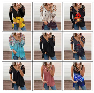 Summer Women's Oversized T-shirt 2025 Elegant Print Floral Casual Zipped V-Neck Sexy SlimTop Female Plus Size For Women Clothing