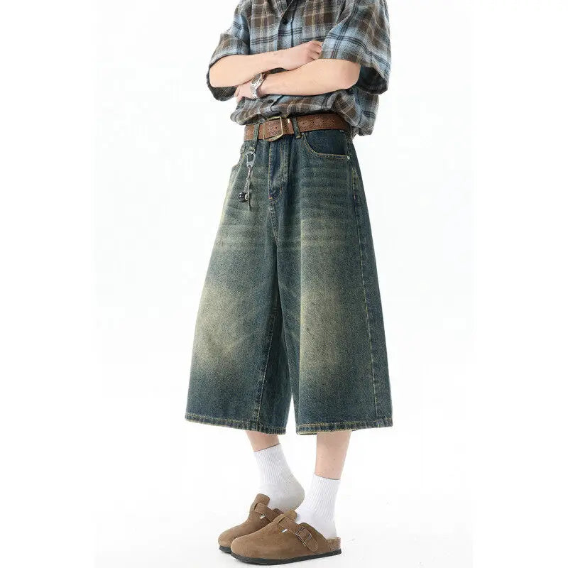 Trendy High-Waisted Wide-Leg Cropped Jeans for Men 2025 Summer Casual Stretch Denim Capri Pants Comfort Fit & Stylish Outfit 8XL