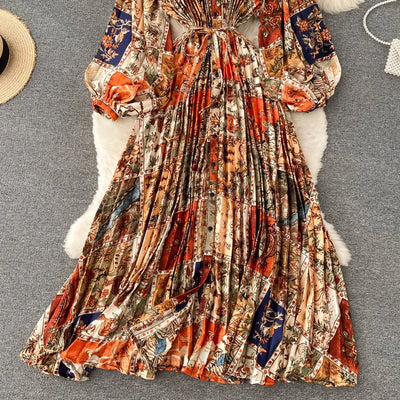 Retro Print Elegant Pleated Lace-up Chiffon Long Sleeve Dress A-line Blouse French Casual V-neck High Waist Women Summer Dresses