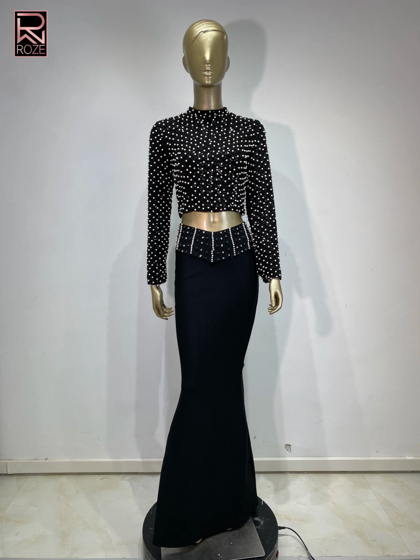 Women Luxury Pearl Sequin Embroidery Bandage Outfits Dress Long Sleeve Crop Top Long Flare Skirt 2 Pieces Set Evening Party